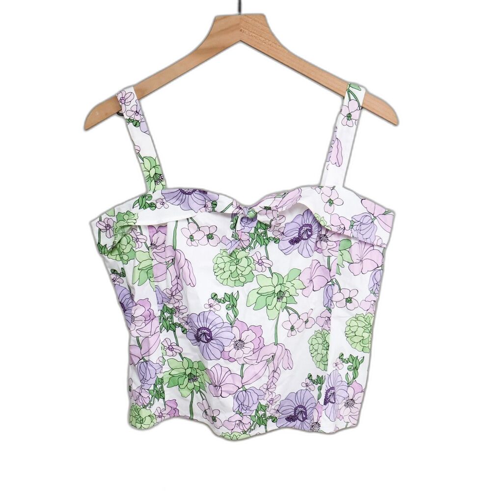 LOFT White Floral Tank Top with Purple and Green Print